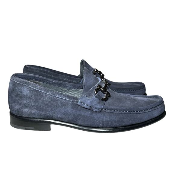 Salvatore Ferragamo Grandioso Blue Suede Gunmetal Gancini Bit Loafers Shoes 9